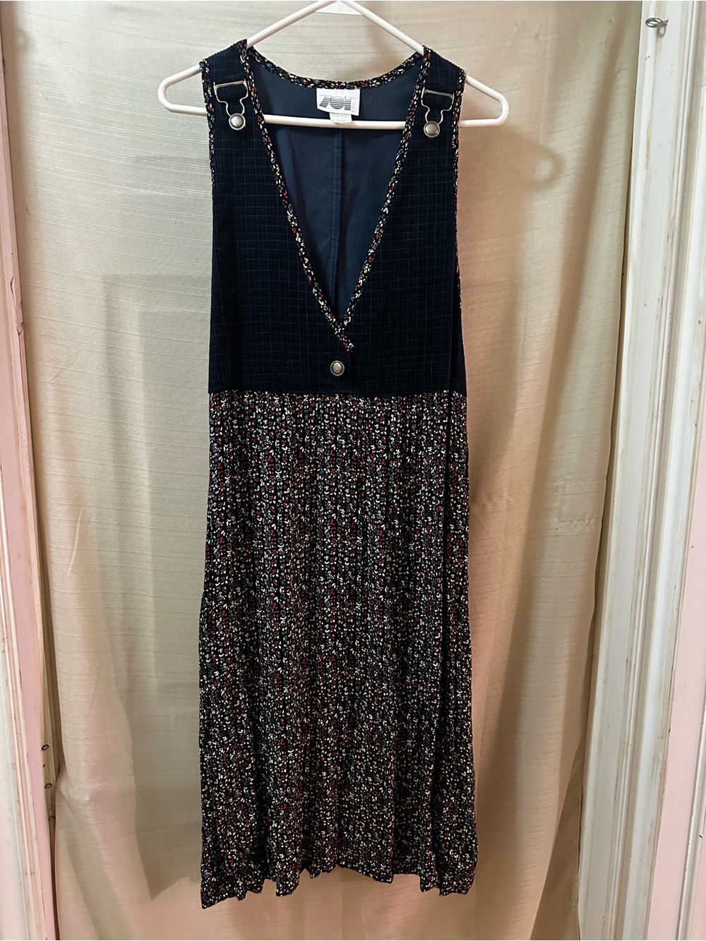 Vintage 80s ZOE Corduroy Floral Jumper Dress Overall Prairie Cottagecore Maxi